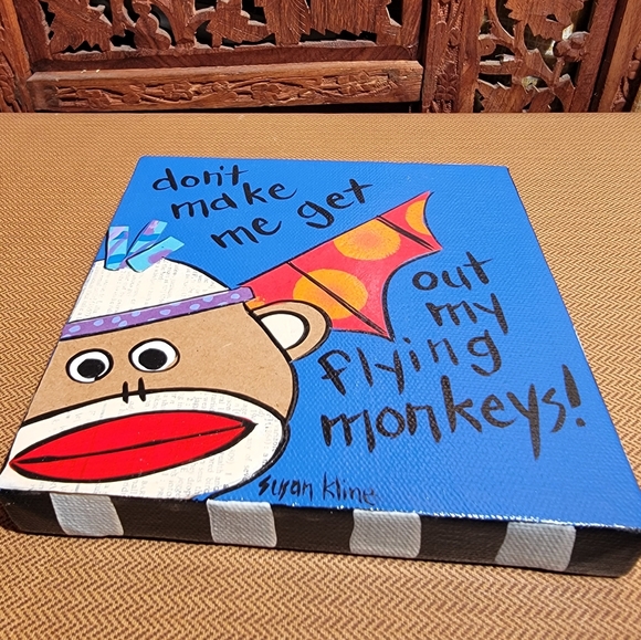 Susan Kline Original Painting With Sock Monkey, Flying Monkey, 6 in x 6 in - Picture 6 of 10